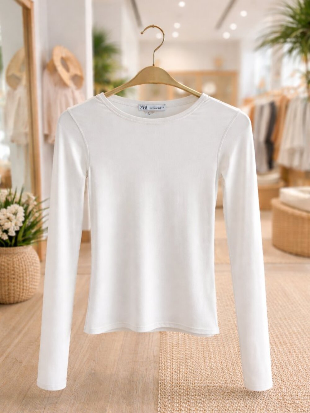 Zara White Long Sleeve Stretch Top Size S Minimalist Basic Crew Neck
